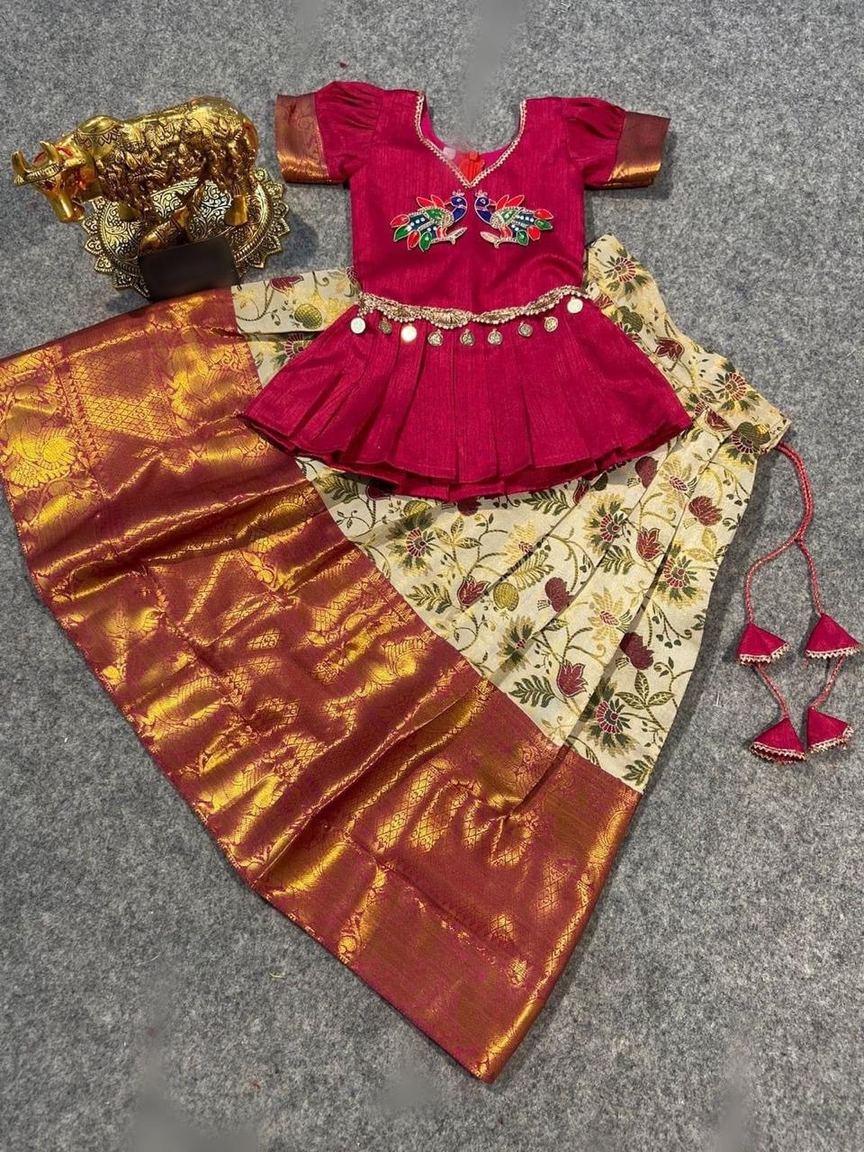 AJD 8028 kids Wear Soft Kanjivaram Silk Girls Crop Top Wholesale Shop In Surat

